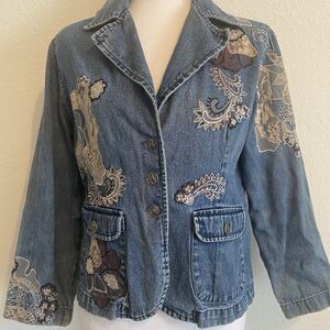 Vtg Denim Jean Jacket Boho Art Women’s S Lace Appliqué Embroidered Carrie Allen
